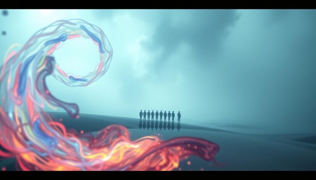 An ethereal, abstract landscape depicting the subconscious process of idea formation. In the foreground, a glowing, swirling vortex of colorful, dreamlike shapes and forms, representing the spontaneous, uncontrolled generation of ideas. In the middle ground, a series of shadowy, indistinct figures, representing the mind's attempt to grasp and refine these nascent concepts. In the distant background, a hazy, atmospheric sky, bathed in a soft, diffuse light, conveying a sense of mystery and wonder. The scene is captured through a wide-angle lens, with a shallow depth of field, emphasizing the depth and complexity of the creative process. The overall mood is one of introspection, contemplation, and the mystery of the human mind. An ethereal, abstract landscape depicting the subconscious process of idea formation. In the foreground, a glowing, swirling vortex of colorful, dreamlike shapes and forms, representing the spontaneous, uncontrolled generation of ideas. In the middle ground, a series of shadowy, indistinct figures, representing the mind's attempt to grasp and refine these nascent concepts. In the distant background, a hazy, atmospheric sky, bathed in a soft, diffuse light, conveying a sense of mystery and wonder. The scene is captured through a wide-angle lens, with a shallow depth of field, emphasizing the depth and complexity of the creative process. The overall mood is one of introspection, contemplation, and the mystery of the human mind.