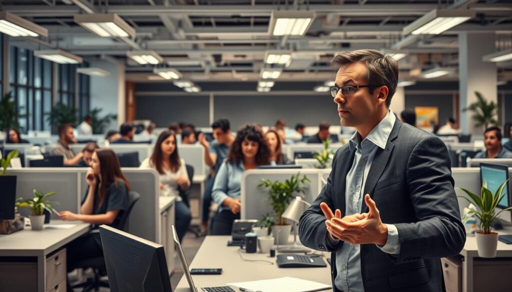 An everyday scene in a bustling office, depicting the Dunning-Kruger effect. In the foreground, a confident employee stands at a desk, gesturing animatedly while their colleagues work diligently around them. The employee's expression exudes an overconfident, self-assured demeanor, despite their apparent lack of expertise. The middle ground features a mix of reactions - some colleagues nod in agreement, while others exchange skeptical glances. The background is a detailed, well-lit office environment, with modern workstations, potted plants, and neutral-toned decor, creating a sense of professional setting. The overall tone conveys a subtle humor and irony, highlighting the disconnect between the employee's perception of their abilities and the more grounded perspectives of their peers.