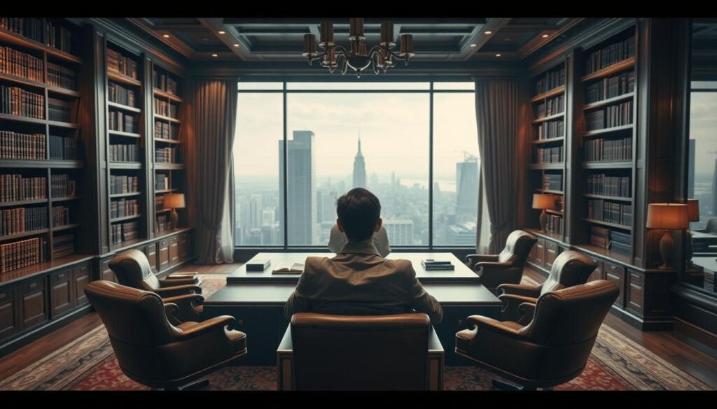 An opulent office interior with a massive oak desk, sleek chrome accents, and plush leather chairs. Towering bookshelves line the walls, filled with leather-bound tomes. Diffused, warm lighting casts a contemplative glow, while a large picture window overlooks a sprawling cityscape. In the center, a person sits with an introspective expression, deep in thought about the psychology of wealth and the foundations of a prosperous mindset. The scene conveys a sense of refined sophistication, intellectual depth, and the pursuit of financial success.