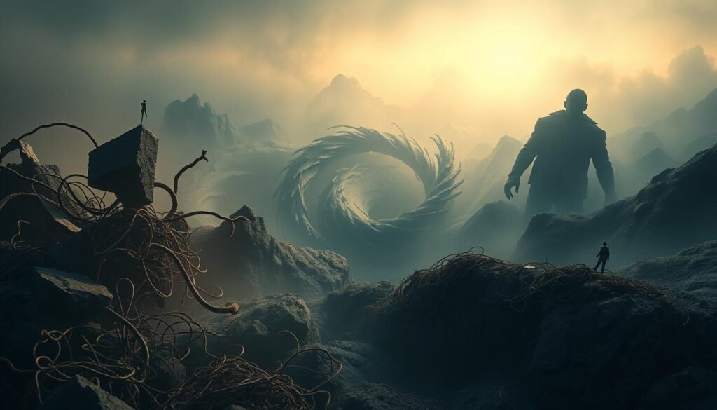 Cognitive biases in decision making patterns: A surreal, abstract landscape depicting the intricate interplay of cognitive biases. In the foreground, a tangle of distorted shapes and disjointed lines represents the fragmented thought processes and irrational impulses that influence our decisions. The middle ground features a swirling vortex of conflicting emotions and cognitive dissonance, casting shadows of uncertainty and self-doubt. In the distant background, a hazy, dreamlike realm suggests the subconscious influences that lurk beneath our conscious awareness. The scene is illuminated by a soft, diffused lighting that creates an atmosphere of introspection and contemplation, inviting the viewer to explore the hidden complexities of the human mind.