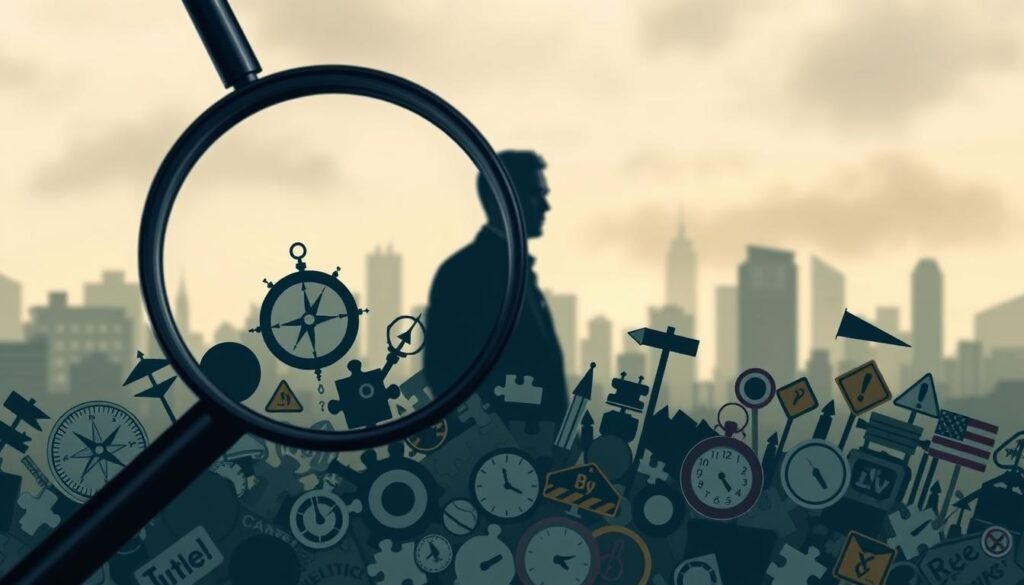 Occupational self-discovery signs and career misalignment symptoms. A conceptual illustration depicting a collection of symbolic representations. In the foreground, a magnifying glass hovers over a jumbled assortment of career-related icons and signposts - a compass, a puzzle piece, a clock, a road sign, and more. The middle ground features a pensive figure silhouetted against a backdrop of blurred professional landscapes. The background is shrouded in a contemplative, muted color palette evoking introspection. Lighting is soft and diffused, creating an atmosphere of quiet reflection. The composition emphasizes the process of uncovering one's true vocational path and the subtle indicators that suggest the need for greater career clarity.