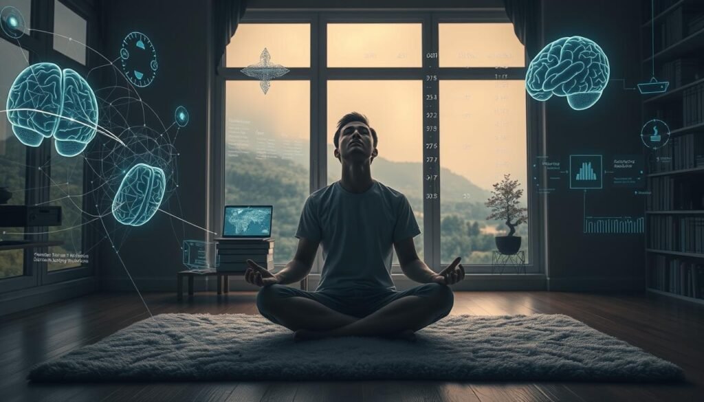 Prompt A serene, dimly-lit study with a large window overlooking a peaceful, natural landscape. In the foreground, a person sits cross-legged on a plush rug, their eyes closed in meditative focus. Floating around them are holographic displays and data visualizations, depicting the neural pathways and brain activity patterns associated with attention and focus. The middle ground features a minimalist desk with a laptop, books, and a small bonsai tree, symbolizing the balance between technology and nature. The background is filled with a soft, warm glow, creating a sense of tranquility and introspection, as the person navigates the complexities of the modern attention crisis through a deeper understanding of neuroscience. Prompt A serene, dimly-lit study with a large window overlooking a peaceful, natural landscape. In the foreground, a person sits cross-legged on a plush rug, their eyes closed in meditative focus. Floating around them are holographic displays and data visualizations, depicting the neural pathways and brain activity patterns associated with attention and focus. The middle ground features a minimalist desk with a laptop, books, and a small bonsai tree, symbolizing the balance between technology and nature. The background is filled with a soft, warm glow, creating a sense of tranquility and introspection, as the person navigates the complexities of the modern attention crisis through a deeper understanding of neuroscience.